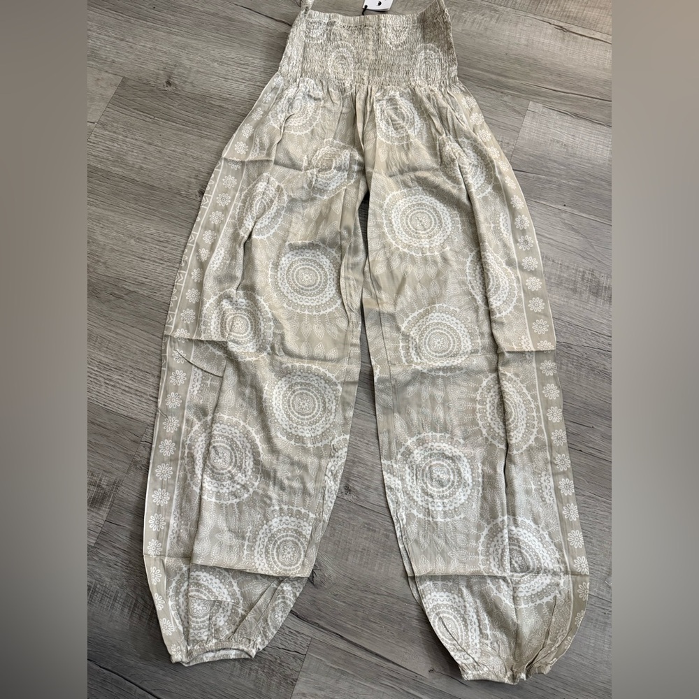 Lotus and Luna Boho Smocked Waist Harem Pants - Beige